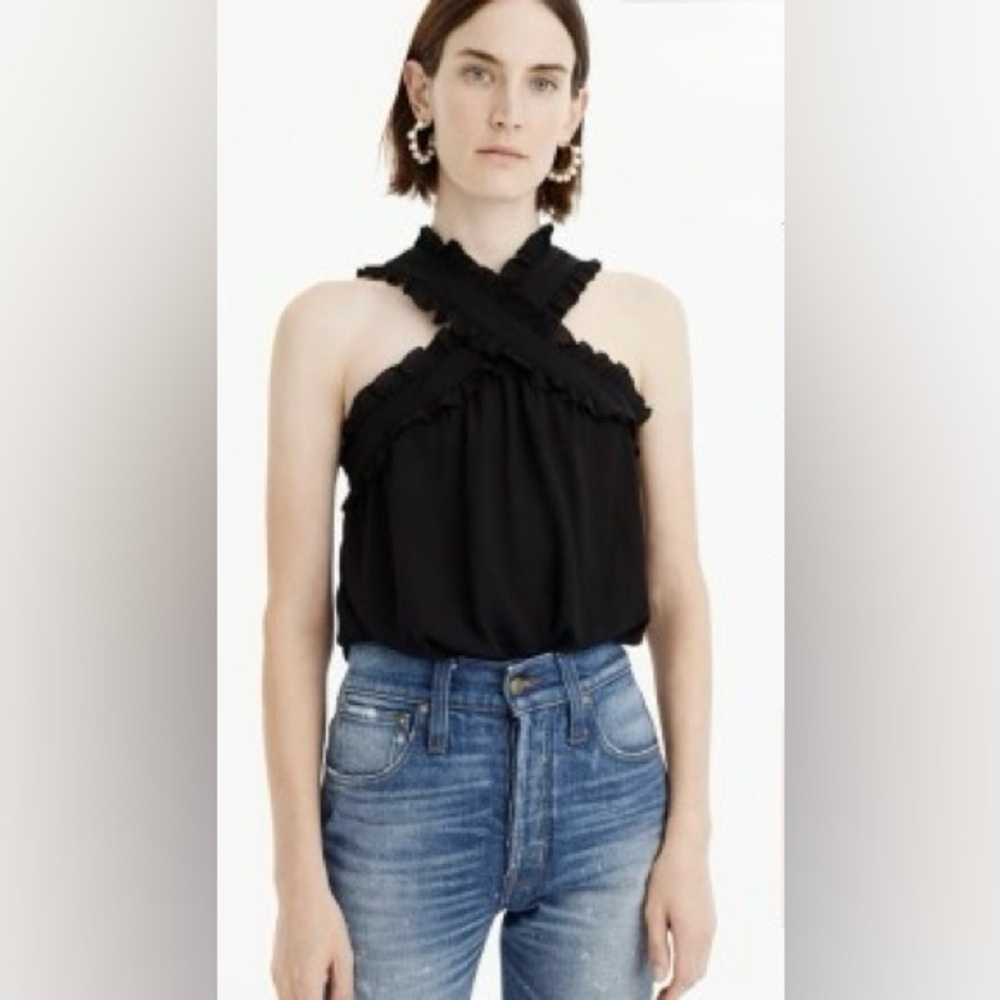 j. crew black criss cross front halter neck top with ruffles - never worn size 4